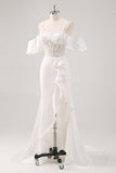 Bianco sirena freddo spalla corsetto Appliqued lungo Prom Dress con fessura