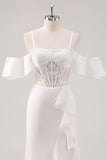 Bianco sirena freddo spalla corsetto Appliqued lungo Prom Dress con fessura