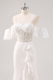 Bianco sirena freddo spalla corsetto Appliqued lungo Prom Dress con fessura
