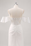 Bianco sirena freddo spalla corsetto Appliqued lungo Prom Dress con fessura