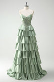 Verde Sweetheart Principessa Satin Tiered Corsetto Lungo Abito da cerimonia con fessura