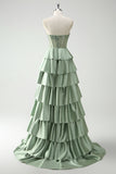 Verde Sweetheart Principessa Satin Tiered Corsetto Lungo Abito da cerimonia con fessura