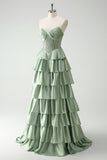 Verde Sweetheart Principessa Satin Tiered Corsetto Lungo Abito da cerimonia con fessura