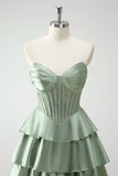 Verde Sweetheart Principessa Satin Tiered Corsetto Lungo Abito da cerimonia con fessura