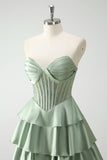 Verde Sweetheart Principessa Satin Tiered Corsetto Lungo Abito da cerimonia con fessura