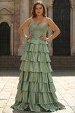 Corsetto di raso a livelli Green Sweetheart Princess con un lungo abito da cerimonia taglie forti con fessura