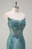 Sparkly grigio blu sirena senza spalline corsetto puro raso lungo Abito da cerimonia con fessura