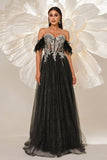 Sparkly Black Off the Shouler A-Line Tulle corsetto lungo Abito da cerimonia con piuma