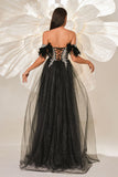 Sparkly Black Off the Shouler A-Line Tulle corsetto lungo Abito da cerimonia con piuma