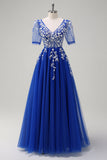 Sparkly Royal Blue A-Line con scollo a V Appliques tulle lungo Abito da cerimonia con maniche corte