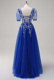 Sparkly Royal Blue A-Line con scollo a V Appliques tulle lungo Abito da cerimonia con maniche corte