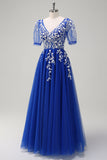 Sparkly Royal Blue A-Line con scollo a V Appliques tulle lungo Abito da cerimonia con maniche corte