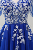 Sparkly Royal Blue A-Line con scollo a V Appliques tulle lungo Abito da cerimonia con maniche corte