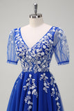 Sparkly Royal Blue A-Line con scollo a V Appliques tulle lungo Abito da cerimonia con maniche corte