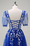 Sparkly Royal Blue A-Line con scollo a V Appliques tulle lungo Abito da cerimonia con maniche corte