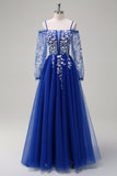 Sparkly Royal Blue A-Line Cold Shoulder maniche lunghe Abito da cerimonia lungo con applique