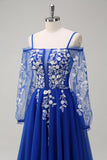 Sparkly Royal Blue A-Line Cold Shoulder maniche lunghe Abito da cerimonia lungo con applique