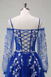 Sparkly Royal Blue A-Line Cold Shoulder maniche lunghe Abito da cerimonia lungo con applique