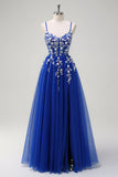 Royal Blue A-Line Spaghetti Straps Applique paillettes Abito da cerimonia con fessura