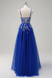 Royal Blue A-Line Spaghetti Straps Applique paillettes Abito da cerimonia con fessura