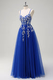 Royal Blue A-Line Spaghetti Straps Applique paillettes Abito da cerimonia con fessura