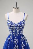 Royal Blue A-Line Spaghetti Straps Applique paillettes Abito da cerimonia con fessura