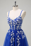 Royal Blue A-Line Spaghetti Straps Applique paillettes Abito da cerimonia con fessura