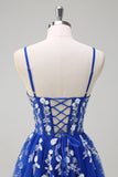 Royal Blue A-Line Spaghetti Straps Applique paillettes Abito da cerimonia con fessura