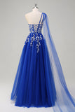 Royal Blue A-Line One Spalla Watteau treno Appliqued Abito da cerimonia con lacci sul retro