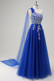 Royal Blue A-Line One Spalla Watteau treno Appliqued Abito da cerimonia con lacci sul retro