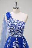 Royal Blue A-Line One Spalla Watteau treno Appliqued Abito da cerimonia con lacci sul retro