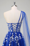 Royal Blue A-Line One Spalla Watteau treno Appliqued Abito da cerimonia con lacci sul retro