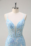 Sparkly Blue Mermaid Spaghetti Straps paillettes corsetto lungo Abito da cerimonia con ricamo