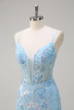 Sparkly Blue Mermaid Spaghetti Straps paillettes corsetto lungo Abito da cerimonia con ricamo