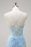 Sparkly Blue Mermaid Spaghetti Straps paillettes corsetto lungo Abito da cerimonia con ricamo