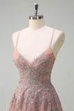 Blush A Line Spaghetti Straps Lace Up Back Appliqued Abito da cerimonia lungo con fessura