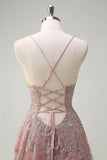 Blush A Line Spaghetti Straps Lace Up Back Appliqued Abito da cerimonia lungo con fessura