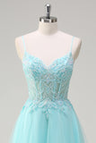 Cielo Blu Spaghetti Straps Beaded A-Line Abito da cerimonia con Appliques