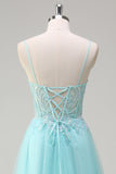 Cielo Blu Spaghetti Straps Beaded A-Line Abito da cerimonia con Appliques