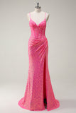 Scintillante Hot Pink paillettes corsetto sirena Abito da cerimonia con fessura