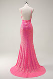 Scintillante Hot Pink paillettes corsetto sirena Abito da cerimonia con fessura