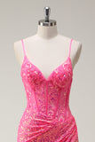 Scintillante Hot Pink paillettes corsetto sirena Abito da cerimonia con fessura