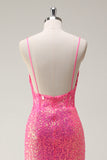 Scintillante Hot Pink paillettes corsetto sirena Abito da cerimonia con fessura