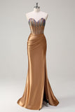 Brown Sweetheart perline sirena raso Prom Dress con fessura