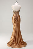 Brown Sweetheart perline sirena raso Prom Dress con fessura