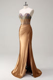 Brown Sweetheart perline sirena raso Prom Dress con fessura