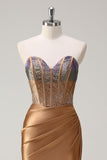 Brown Sweetheart perline sirena raso Prom Dress con fessura