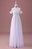 Bianco A Line Off La Spalla Chiffon Increspato Junior Abito da damigella d'onore