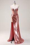 Blush Spaghetti Straps Mermaid Metallic Corsetto Abito da cerimonia con fessura