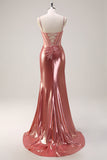 Blush Spaghetti Straps Mermaid Metallic Corsetto Abito da cerimonia con fessura